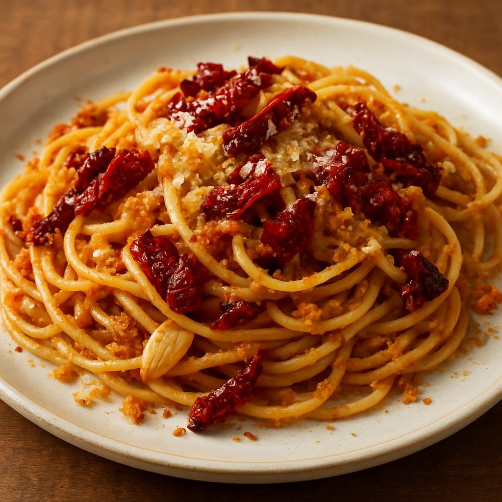 Entree: Italy – Basilicata – Pasta con i Peperoni Cruschi (Spaghetti tossed with crisped dried sweet peppers, garlic, breadcrumbs, and pecorino) recipe