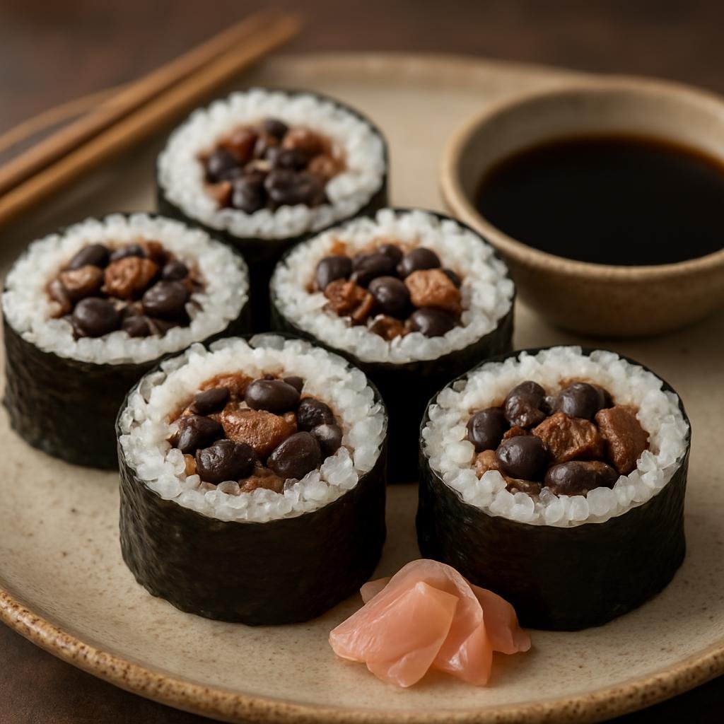 Entree: Brazil – Brazilian Japanese – Sushi de Feijoada (Sushi rolls combining Brazilian feijoada-style black beans and seasoned pork wrapped in sushi rice and nori) recipe