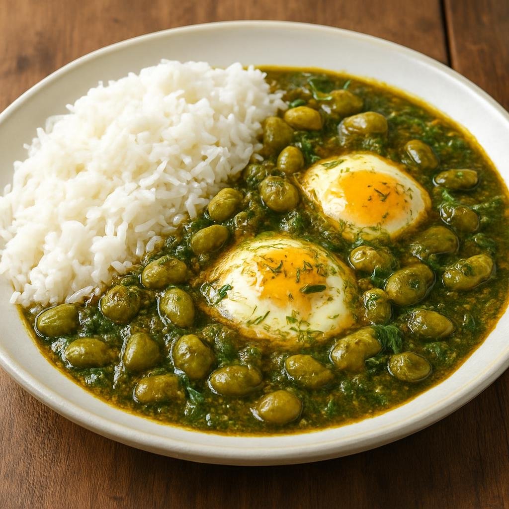 Entree: Iran – Caspian / Gilan – باقالی قاتق ➤ Bāqālī Qātoq (Gilan-style stew of fava beans, fresh dill, garlic, and eggs served with rice) recipe