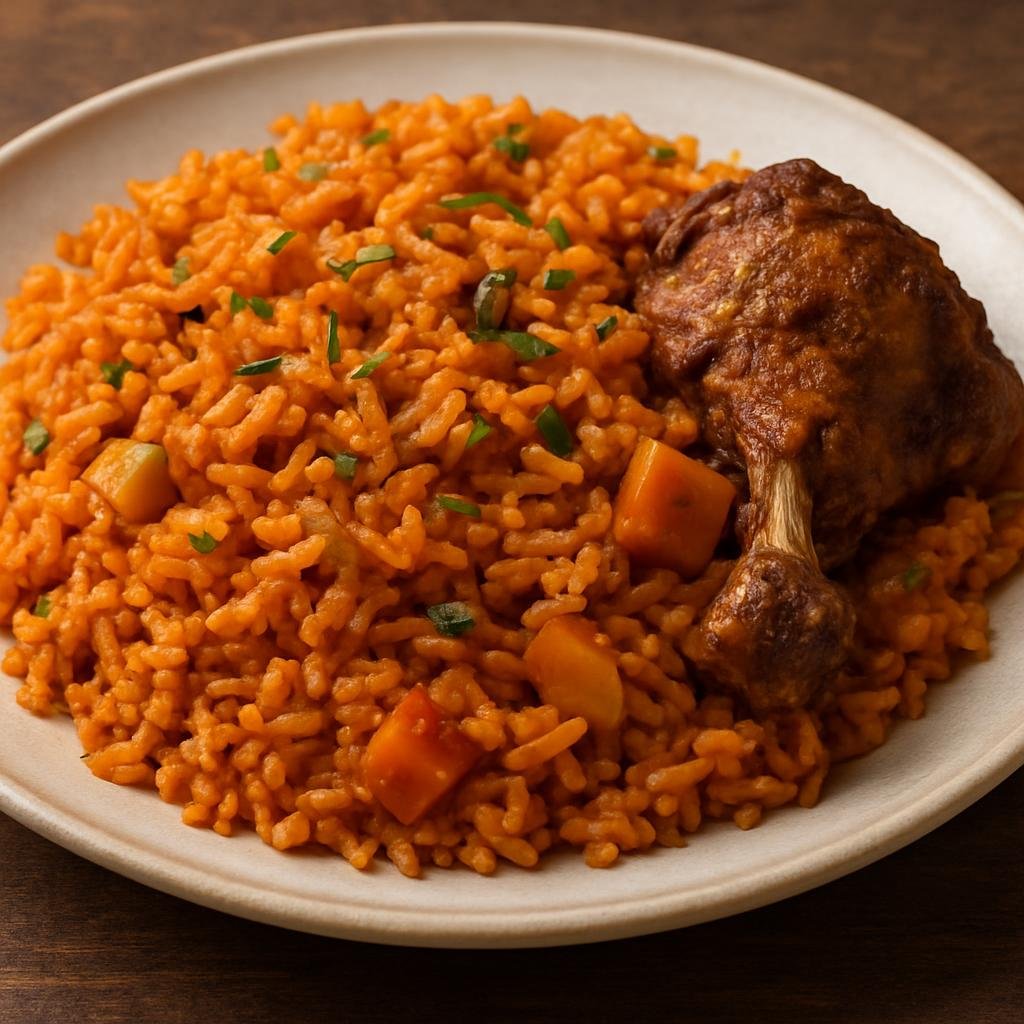 Entree: Nigeria – Hausa-Fulani North – Jollof Rice (Spiced West African one-pot tomato rice cooked with aromatics and typically served with meat or vegetables) recipe