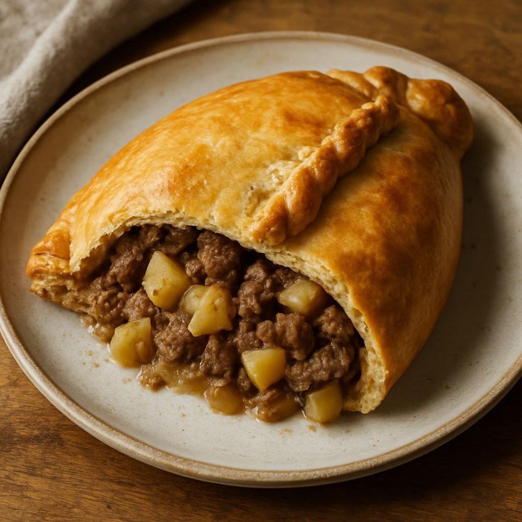 Entree: United Kingdom – Cornwall & West Country – Cornish Pasty (Baked handheld pastry filled with beef, potato, swede, and onion) recipe