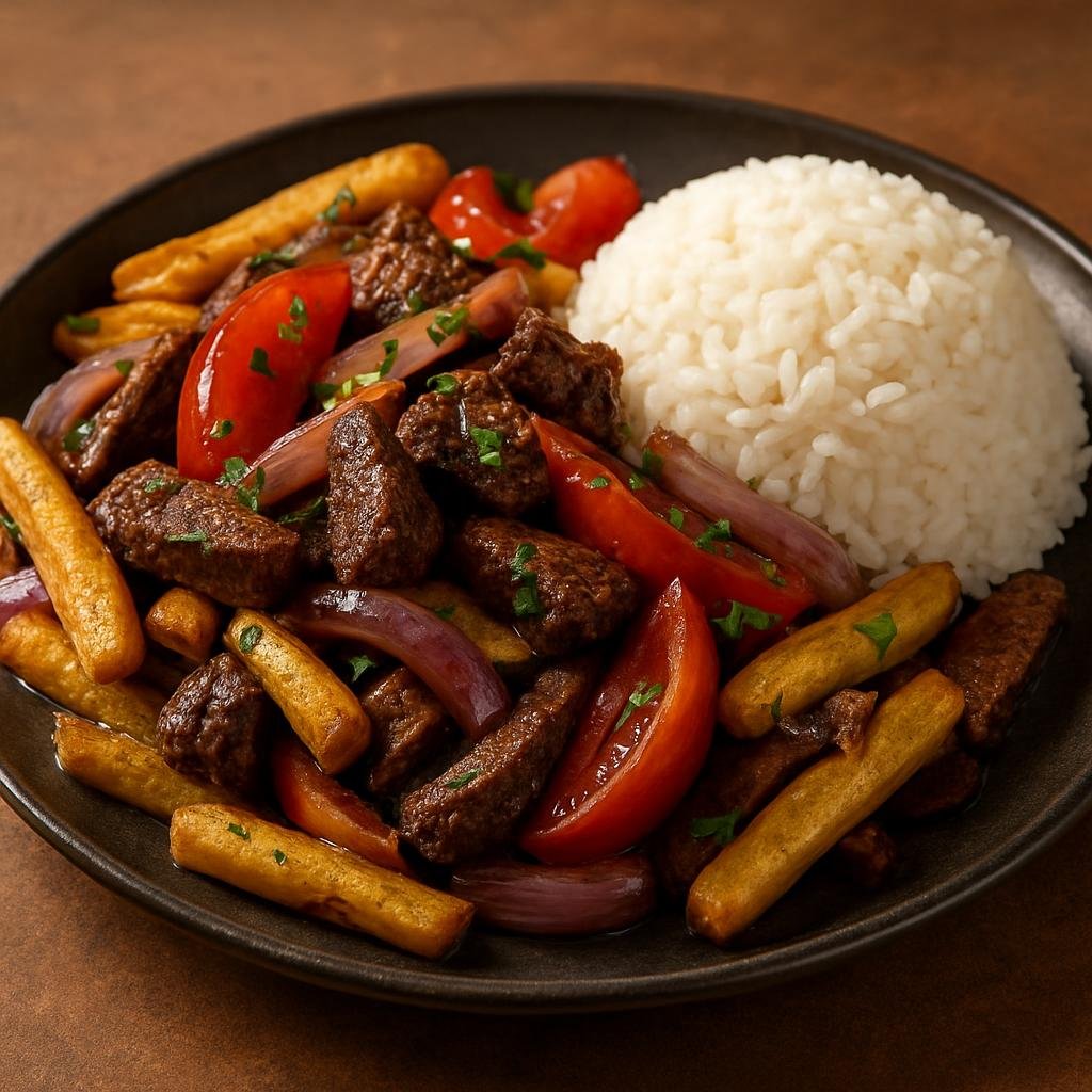 Entree: Peru – Andean Highlands – Lomo Saltado (Stir-fried beef with onions, tomatoes, and fried potatoes served with rice) recipe