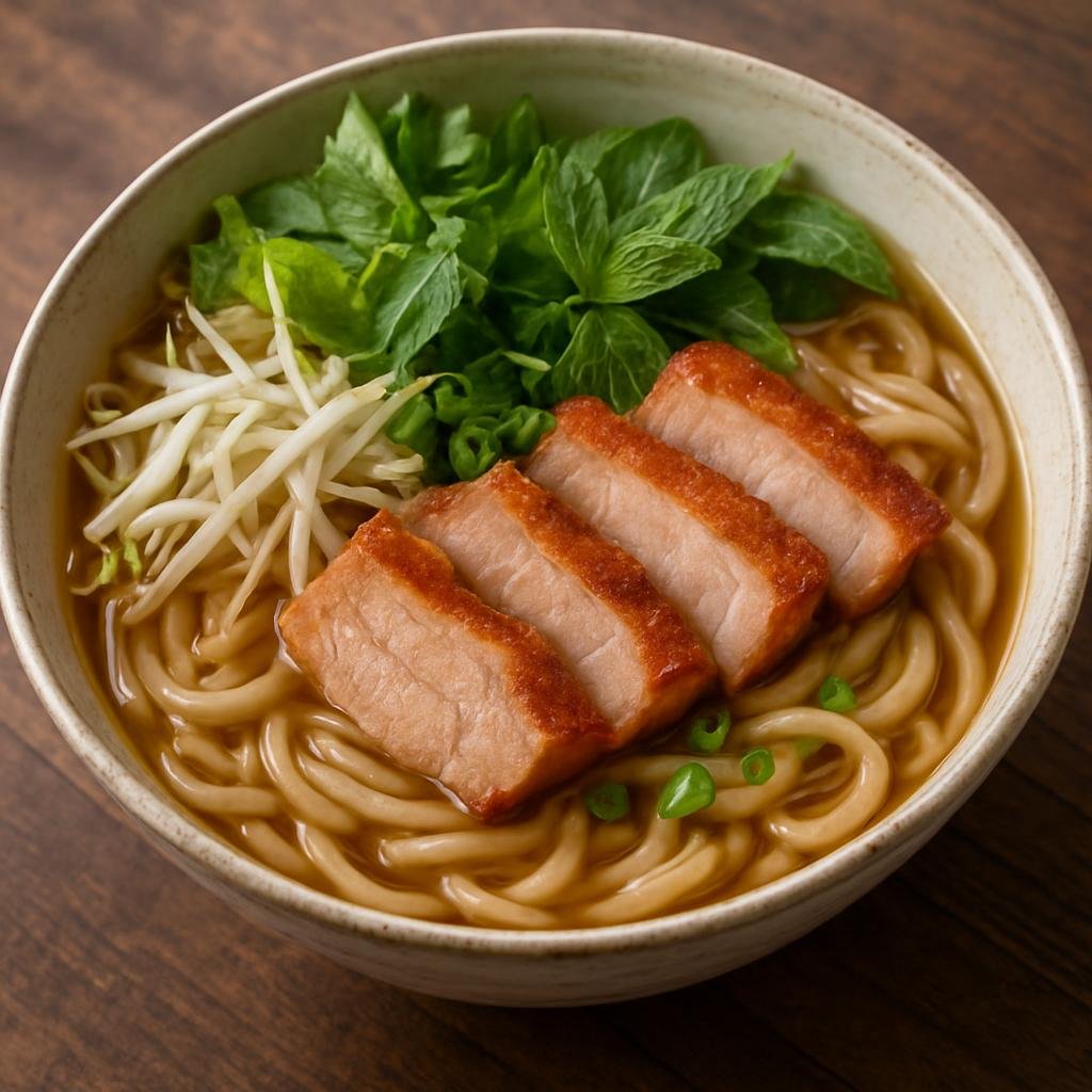 Entree: Vietnam – Hoi An / Da Nang – Cao Lau (Hoi An–style thick rice noodles with roast pork, fresh herbs, bean sprouts, and a light savory broth) recipe