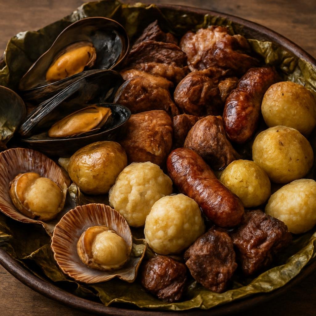 Entree: Chile – Chiloe – Curanto (Traditional Chilote earth-oven feast of shellfish, meats, potatoes, and potato dumplings steamed under leaves) recipe