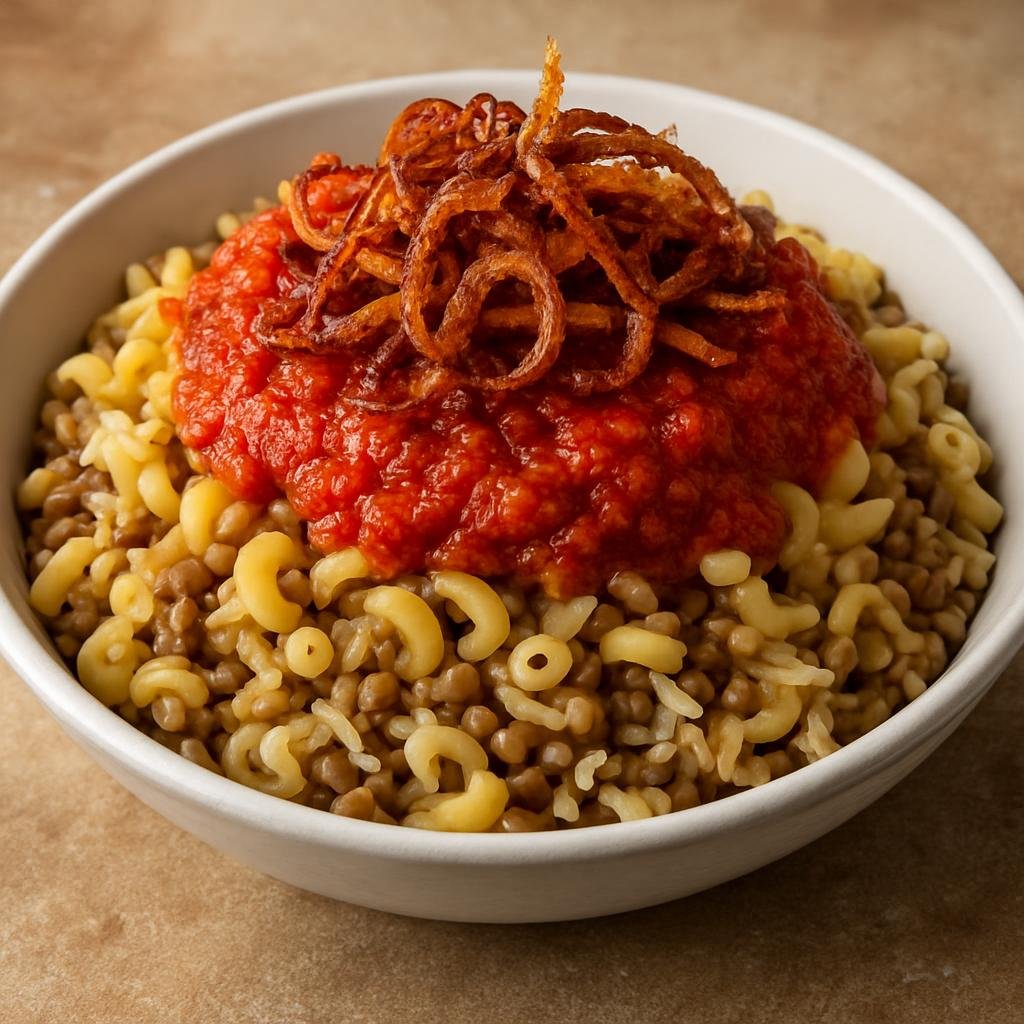 Entree: Egypt – Central Culinary Region – كشري ➤ Koshari (Hearty Egyptian street-food of rice, lentils, and pasta topped with spiced tomato sauce and crispy fried onions) recipe