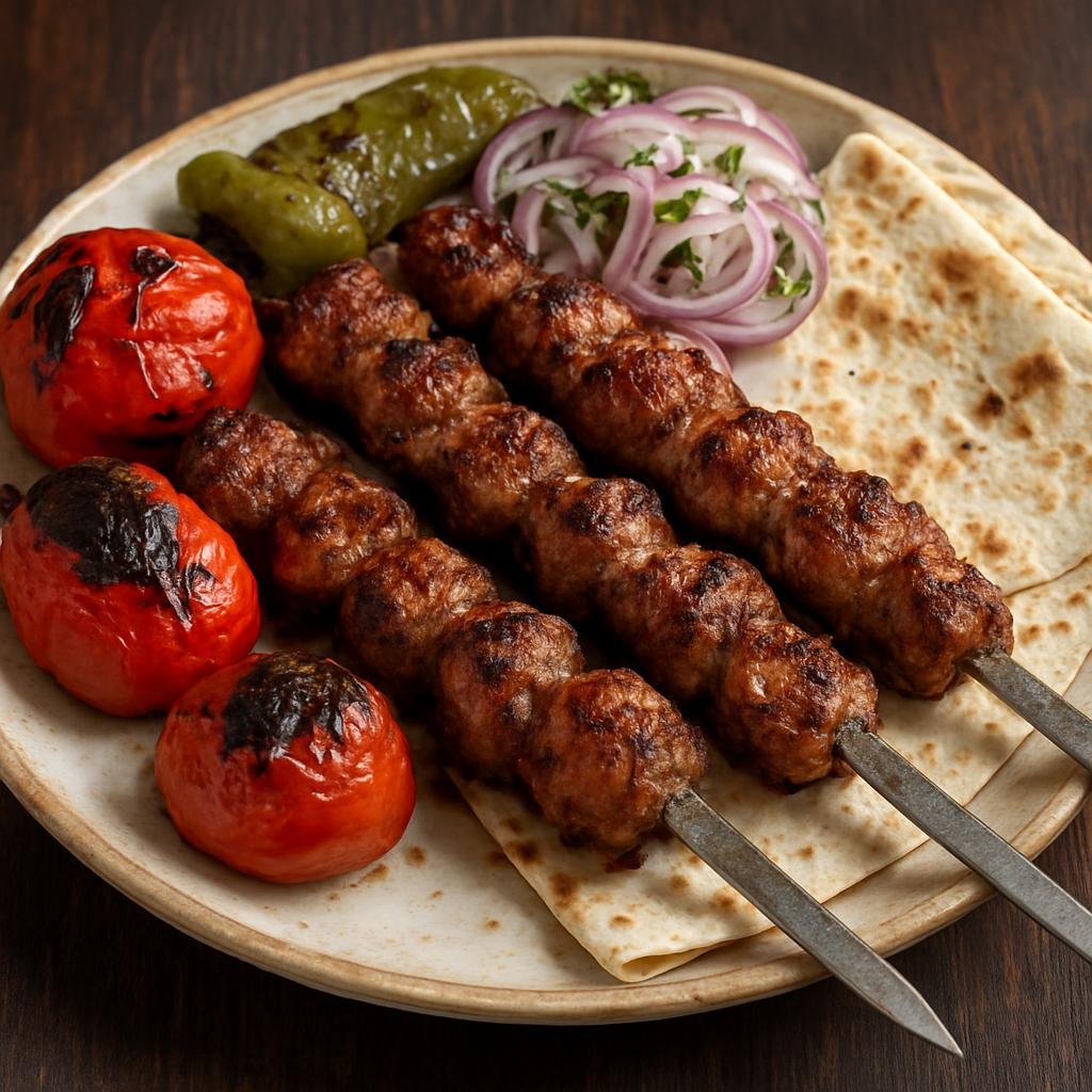 Entree: Armenia – Central Culinary Region – Խորոված ➤ Khorovats (Charcoal-grilled marinated meat skewers served with grilled vegetables and flatbread) recipe