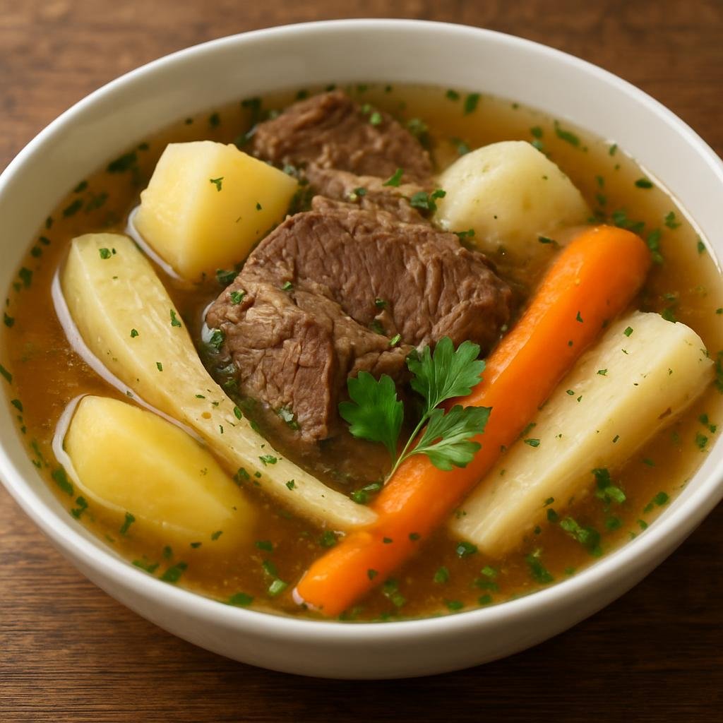 Entree: Austria – Styria – Steirisches Wurzelfleisch (Hearty Styrian boiled beef with root vegetables served in a clear seasoned broth) recipe