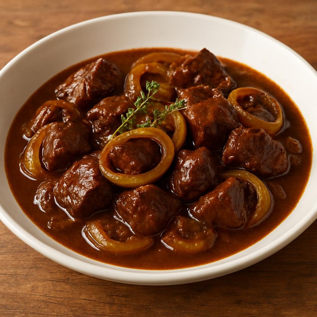 Entree: Belgium – Central Culinary Region – Carbonnade Flamande (Belgian slow-braised beef and onion stew simmered in dark beer and flavored with mustard and thyme) recipe