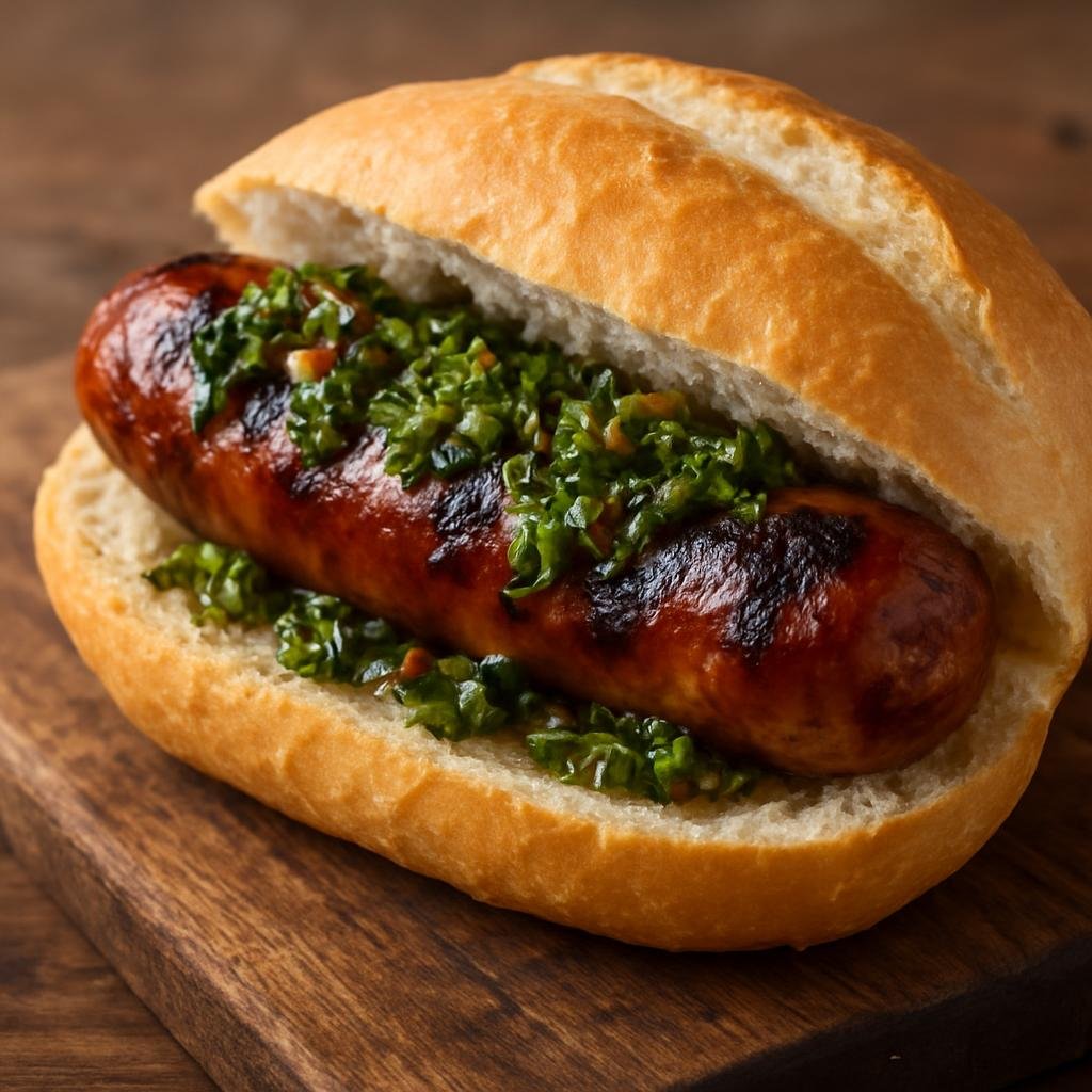 Entree: Argentina – Buenos Aires – Choripán (Grilled chorizo sausage served in a crusty roll, finished with chimichurri) recipe