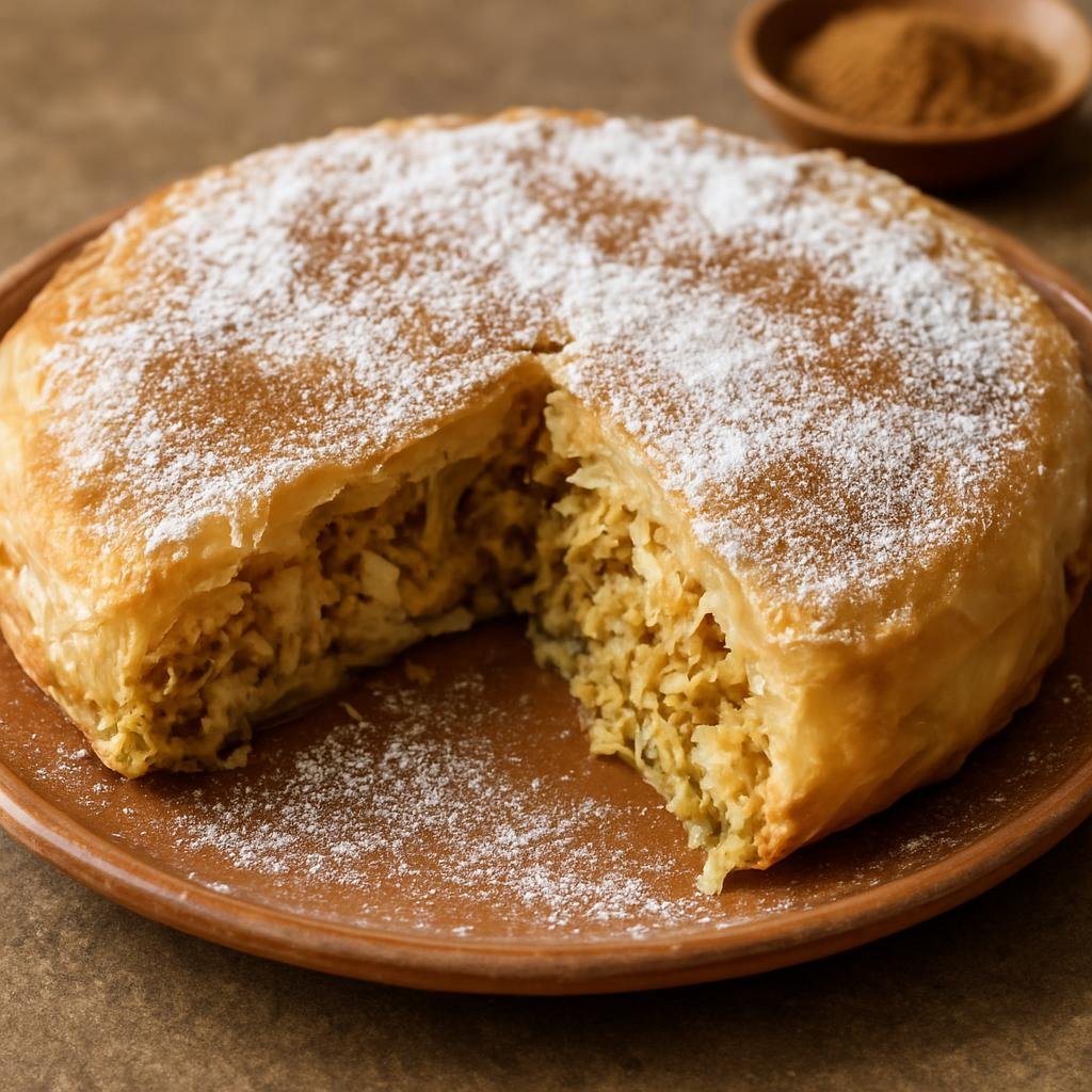 Entree: Morocco – Casablanca & Atlantic Coast – Pastilla au Poulet (A savory-sweet Moroccan layered chicken pie with spiced shredded chicken, egg filling, and a crisp phyllo or warqa crust dusted with cinnamon and powdered sugar) recipe