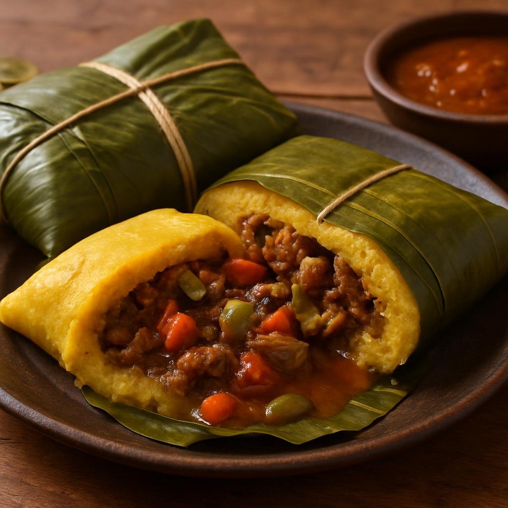 Entree: Venezuela – Southern Culinary Region – Hallacas (Cornmeal dough parcels filled with a savory stewed meat-and-vegetable filling wrapped in plantain leaves and boiled) recipe