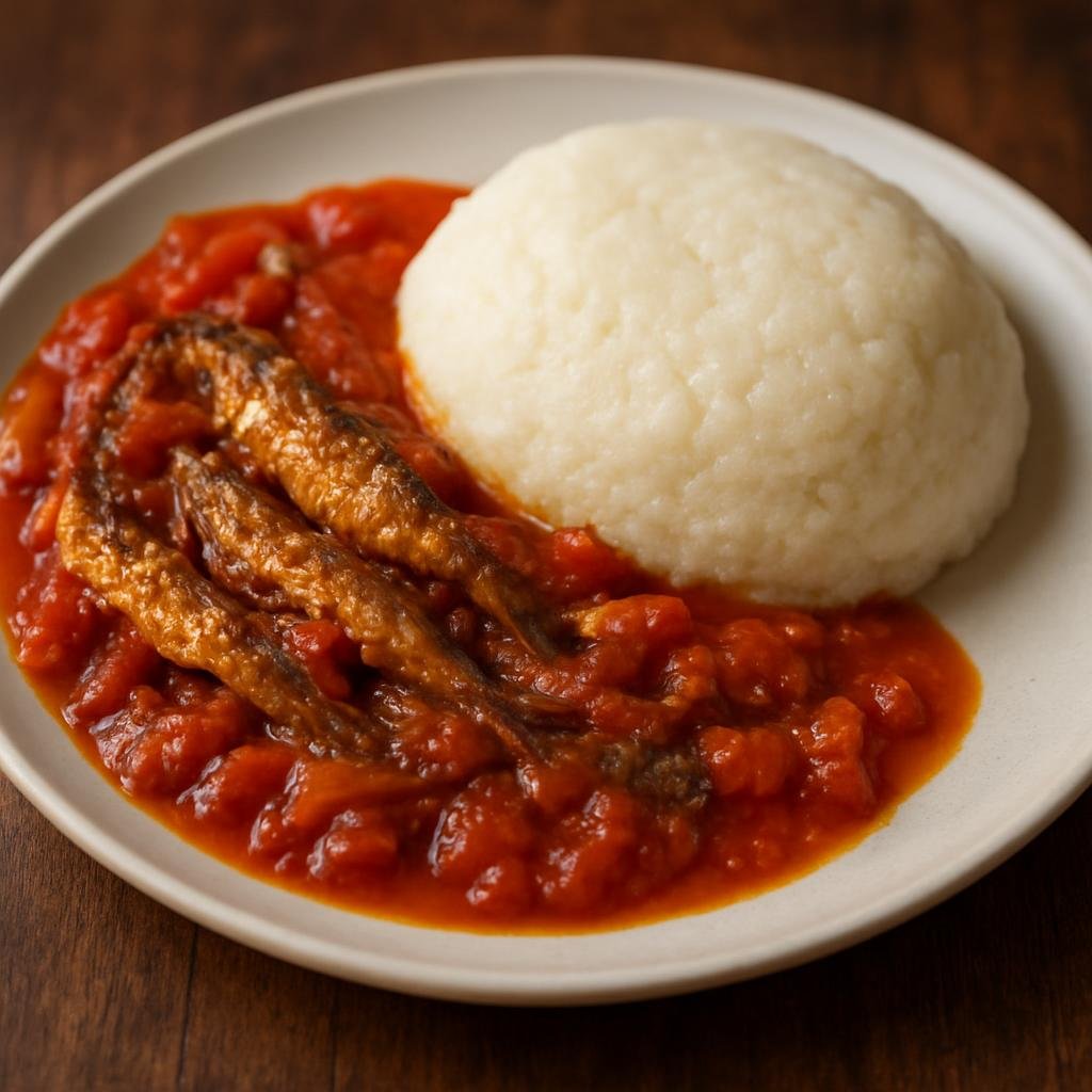 Entree: Zimbabwe – Southern Culinary Region – Kapenta with Sadza (Small freshwater fish cooked in a tomato-onion sauce served with stiff maize porridge) recipe