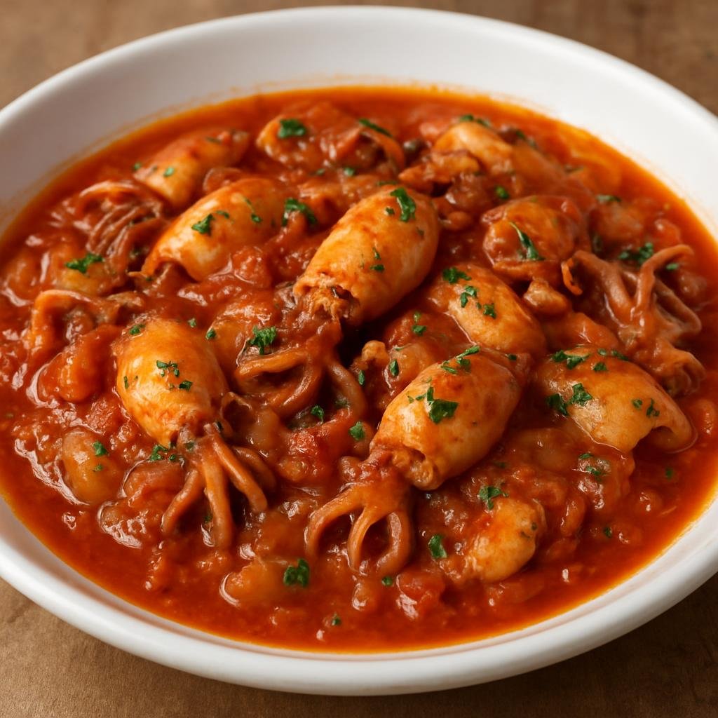Entree: France – Basque Country – Chipirons à la Luzienne (Basque-style baby squid stewed in onion, white wine, tomato, and Espelette pepper) recipe