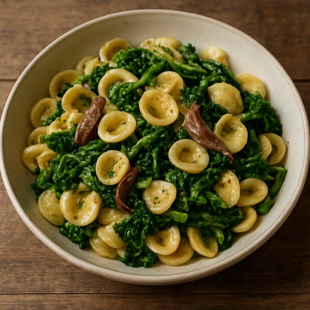 Entree: Italy – Basilicata – Orecchiette con le Cime di Rapa (Small ear-shaped pasta with bitter broccoli rabe, garlic, anchovies, and olive oil) recipe