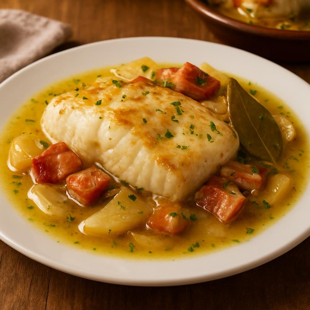 Entree: Spain – Asturias – Merluza a la Sidra (Hake gently cooked and finished in Asturian hard cider with aromatics and bacon) recipe
