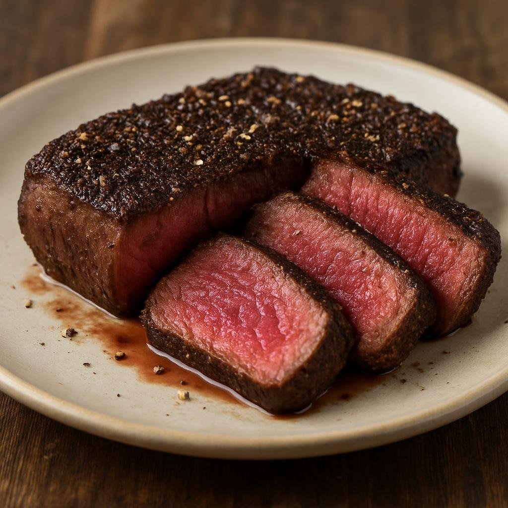 Entree: Australia – Melbourne & Victoria – Kangaroo Steak (seared kangaroo loin steak, lean red meat served rare to medium-rare with simple bold seasoning) recipe