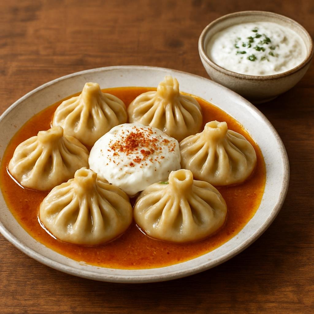 Entree: Armenia – Central Culinary Region – մանտի ➤ manti (Small Armenian meat-filled dumplings baked or steamed and served with garlic yogurt and a savory tomato-butter broth.) recipe