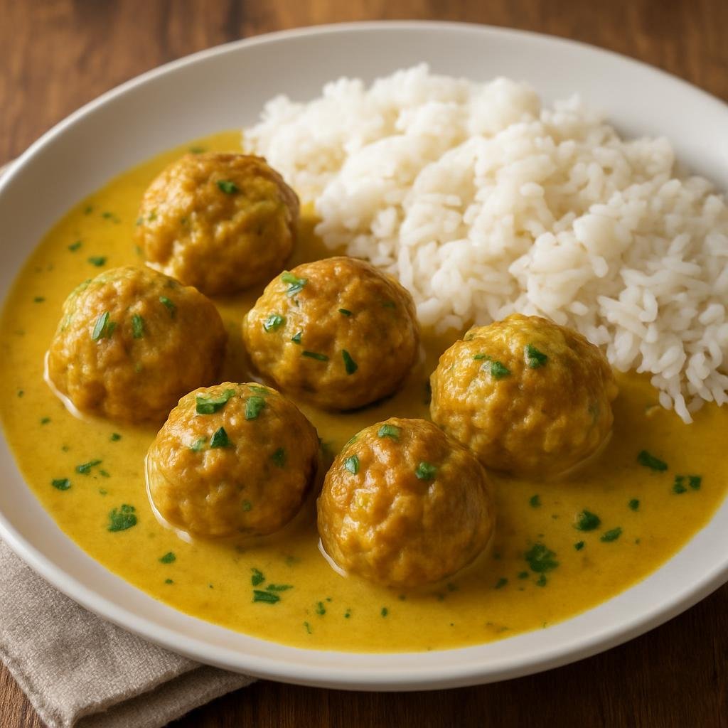 Entree: Denmark – Copenhagen & Zealand – Boller i Karry (Danish pork meatballs in a mild yellow curry sauce typically served with rice) recipe