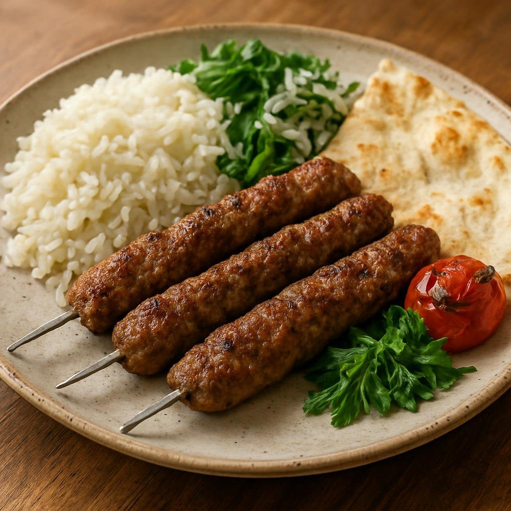 Entree: Iraq – Kurdish Iraq – Kurdish Kebab (Grilled skewered seasoned ground lamb kebabs served with rice or flatbread and herb-accented accompaniments) recipe