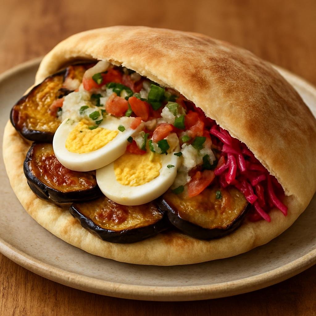 Entree: Israel – Jerusalem – סביח ➤ Sabich (Pita sandwich filled with fried eggplant, hard‑boiled eggs and savory Middle Eastern condiments) recipe