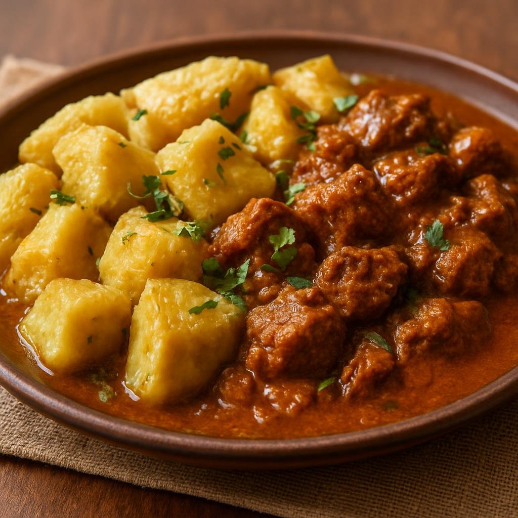 Entree: Kenya – Nairobi & Central Kenya – Matoke (Stewed green cooking bananas simmered and lightly mashed, traditionally cooked with savory beef or peanut sauce) recipe