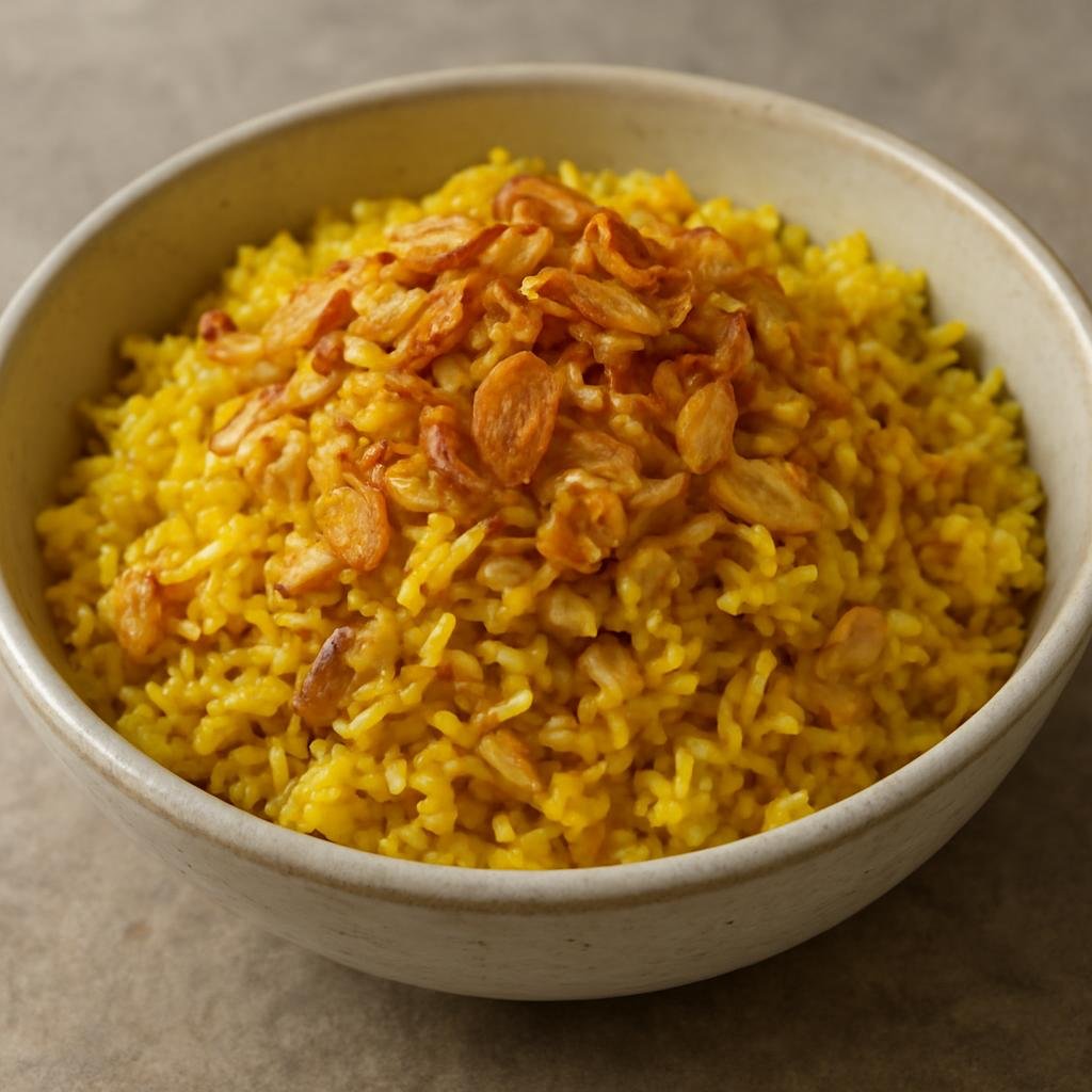 Entree: Myanmar – Mon Cuisine – ငါးထမင်း ➤ nga htamin (Turmeric-scented rice cooked with flaked fish and aromatic garlic oil) recipe