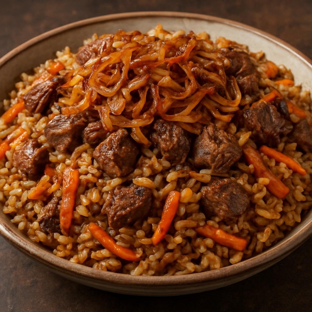 Entree: Uzbekistan – Khiva / Khorezm – Gurvak (Khorezm-style hearty one-pot lamb and rice pilaf with caramelized onions and carrots) recipe