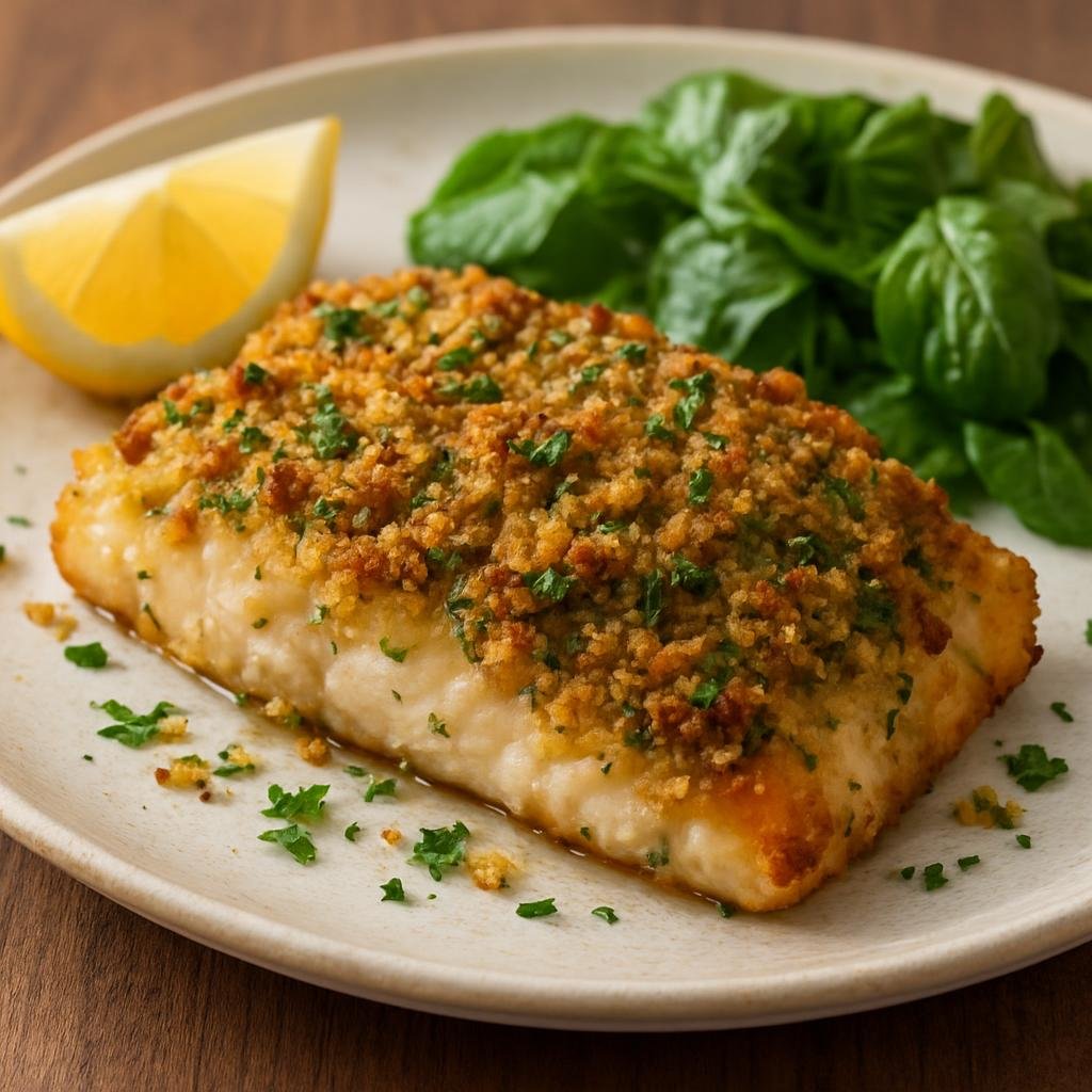 Entree: Antarctica – Northern Culinary Region – Herb-Crusted Fish Fillet (Pan-seared and oven-baked white fish fillet topped with a crunchy herb and breadcrumb crust) recipe