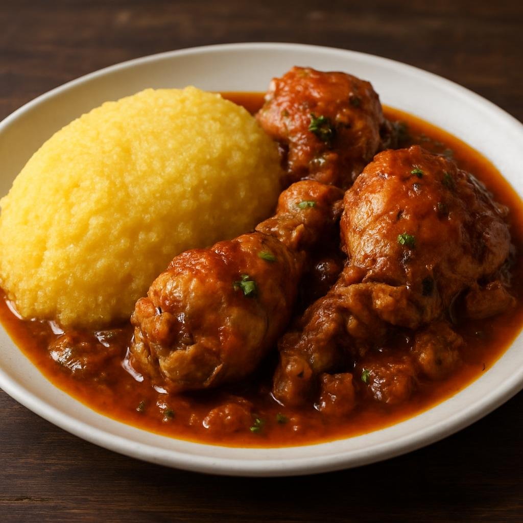 Entree: Bonaire, Sint Eustatius and Saba – Northern Culinary Region – Funchi with Stewed Chicken (firm cornmeal with stewed chicken) recipe