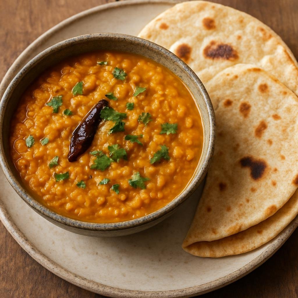 Entree: British Indian Ocean Territory – Northern Culinary Region – Lentil Dahl with Roti (Spiced South Asian red lentil stew served with flatbread) recipe