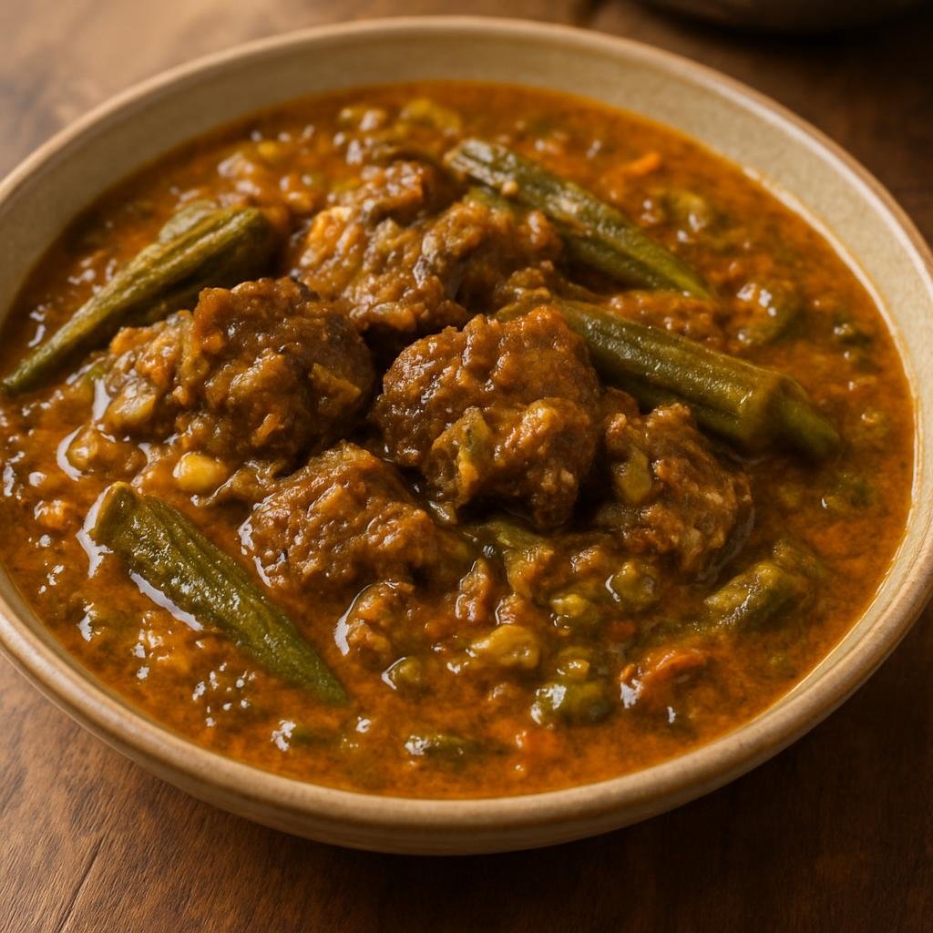 Entree: Burkina Faso – Northern Culinary Region – Sauce Gombo (Okra and peanut stew with meat, a savory West African vegetable sauce) recipe