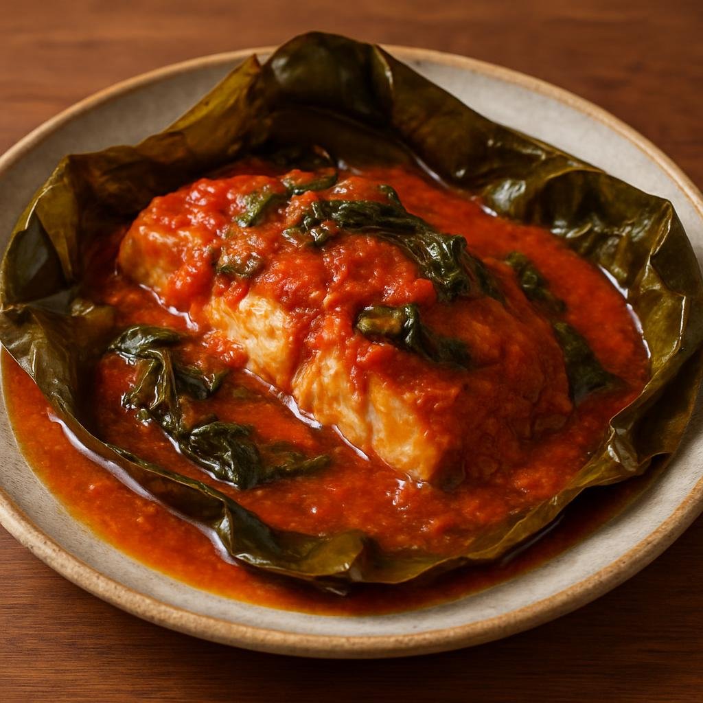 Entree: Central African Republic – Northern Culinary Region – Maboké (Central African banana-leaf wrapped steamed fish in a palm-oil and tomato sauce) recipe