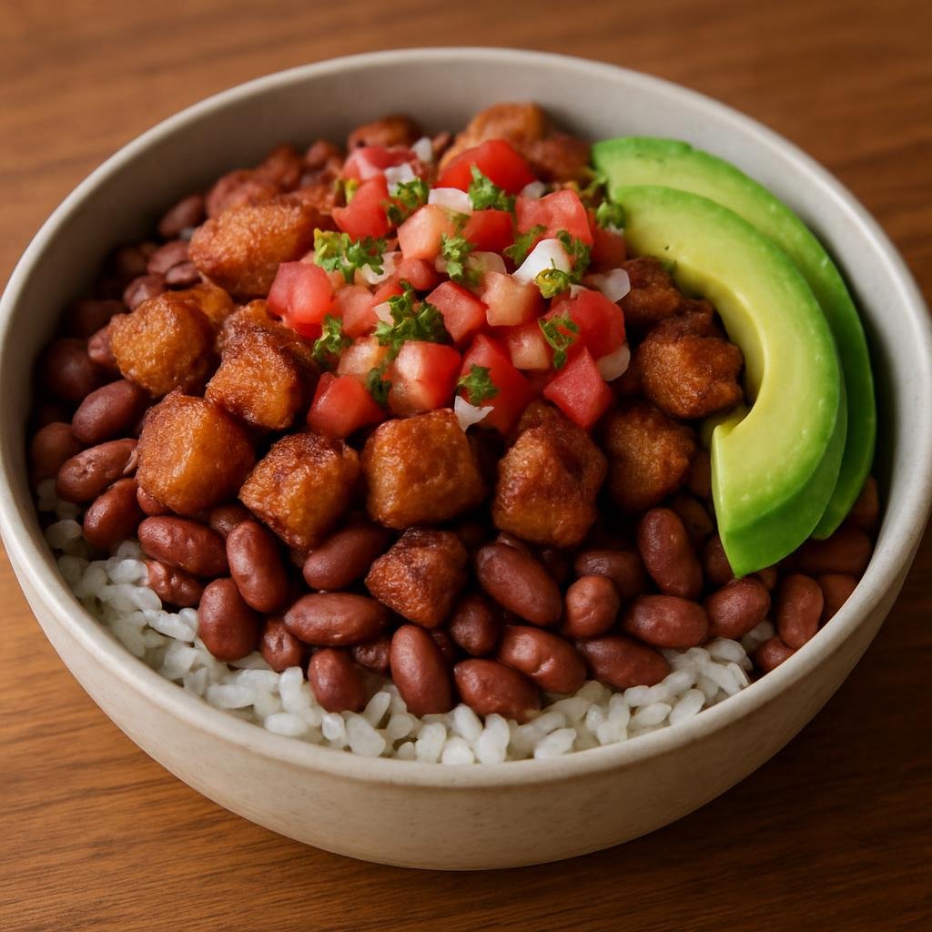 Entree: Costa Rica – Northern Culinary Region – Chifrijo (Layered bowl of rice and red beans topped with crispy fried pork, fresh pico de gallo and avocado) recipe