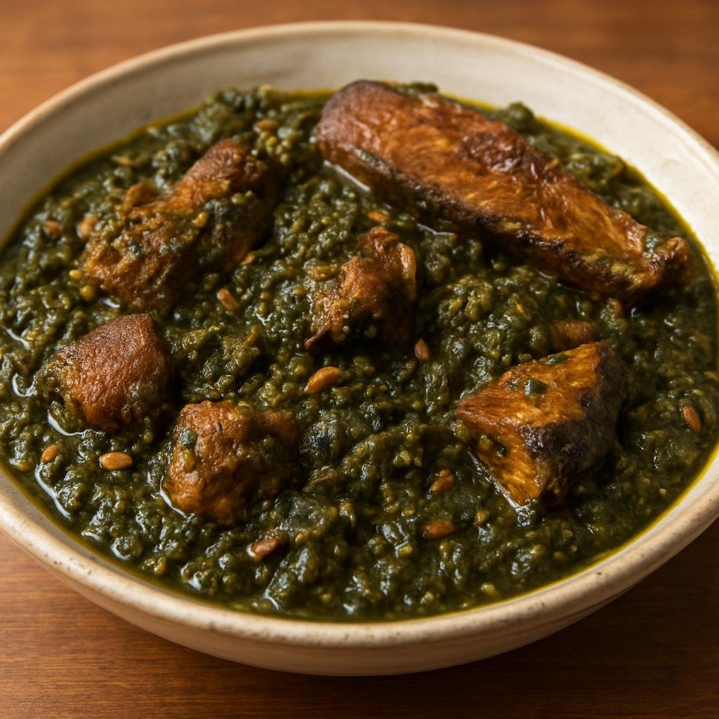 Entree: Equatorial Guinea – Northern Culinary Region – Ndolé (A rich bitterleaf and peanut stew cooked with meat and smoked fish) recipe