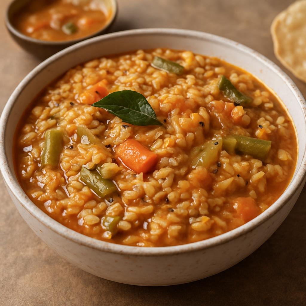 Entree: India – Tamil Nadu – சாம்பார் சாதம் ➤ Sambar Sadam (Rice mixed with tangy lentil-vegetable sambar, a savory tamarind-based stew) recipe