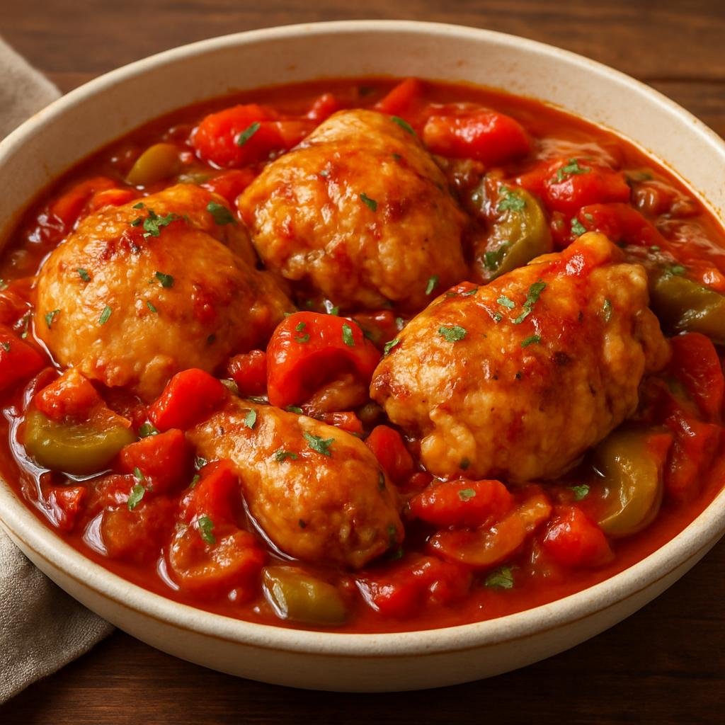 Entree: French Southern Territories – Northern Culinary Region – Poulet Basquaise (Basque-style braised chicken stewed with tomatoes, bell peppers, onions, and smoky paprika) recipe