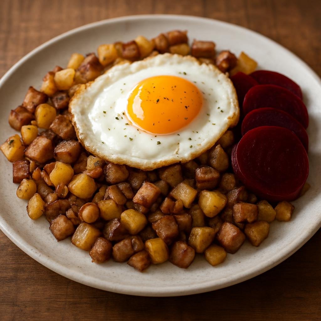 Entree: Sweden – Stockholm & Central Sweden – Pytt i Panna (Swedish pan-fried hash of diced potatoes, meat, and onions served with fried egg and pickled beets) recipe