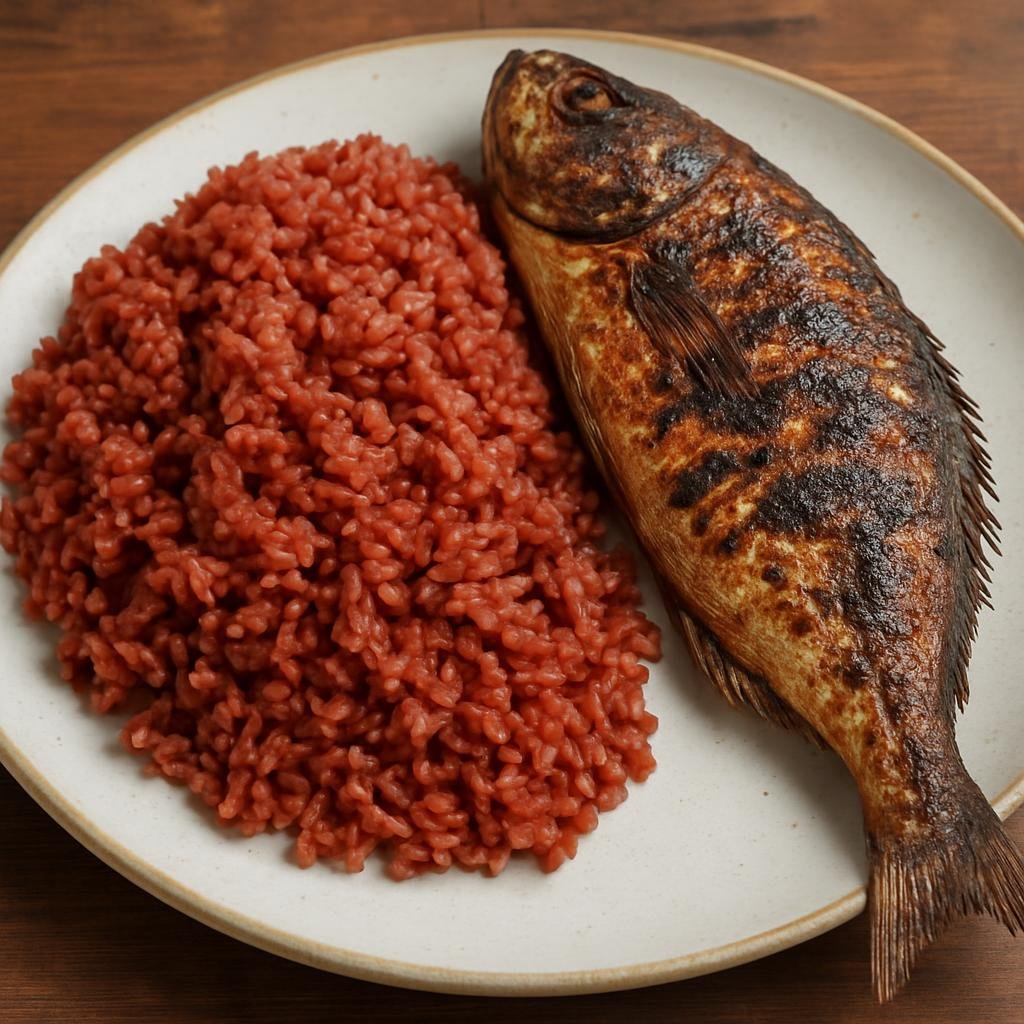 Entree: Micronesia – Southern Culinary Region – Red Rice and Grilled Fish (Coconut- and annatto‑stained red rice served with whole chargrilled fish) recipe