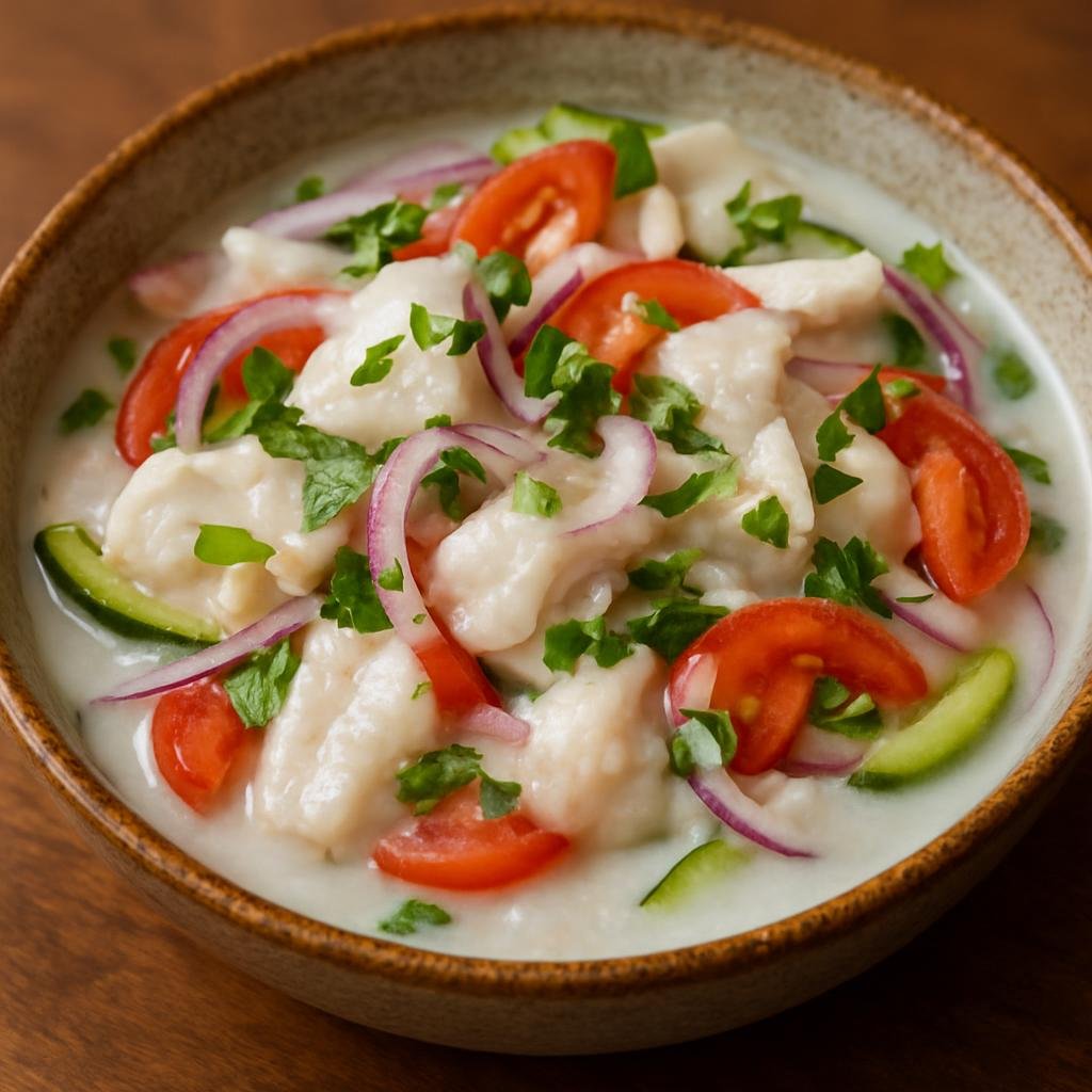Entree: Papua New Guinea – Southern Culinary Region – Kokoda Fish (Raw white fish cured in citrus and dressed in coconut milk with fresh vegetables) recipe