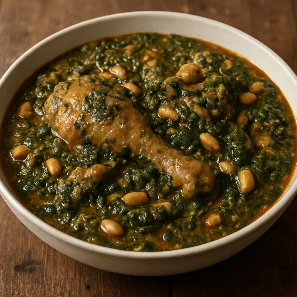 Entree: Republic of the Congo – Southern Culinary Region – Ngulu Yako Tumba (Hearty Southern Congolese chicken stew with cassava leaves, peanut and palm oil) recipe