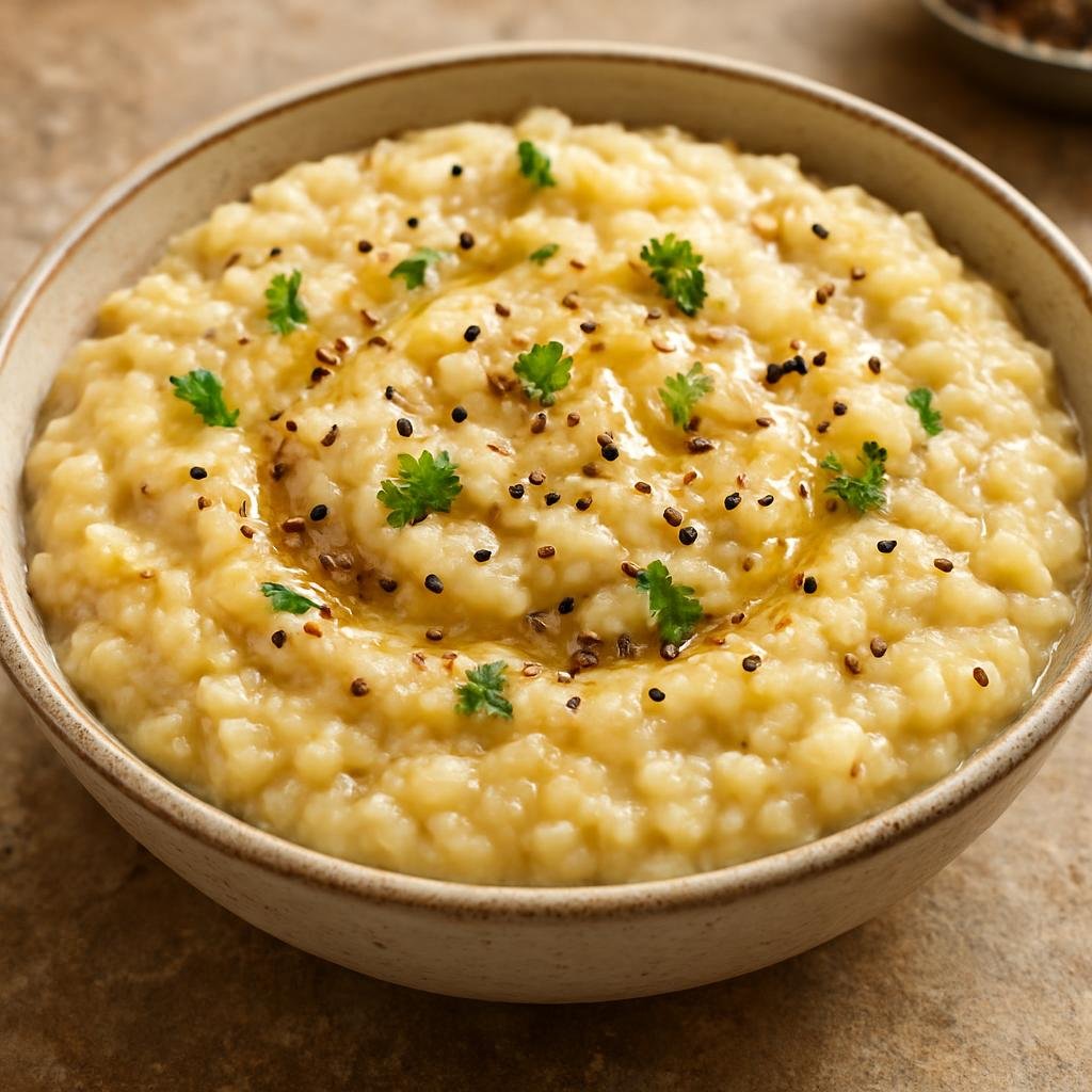 Entree: India – Tamil Nadu – பொங்கல் ➤ Pongal (Creamy savory South Indian rice and lentil porridge flavored with ghee, black pepper and cumin) recipe