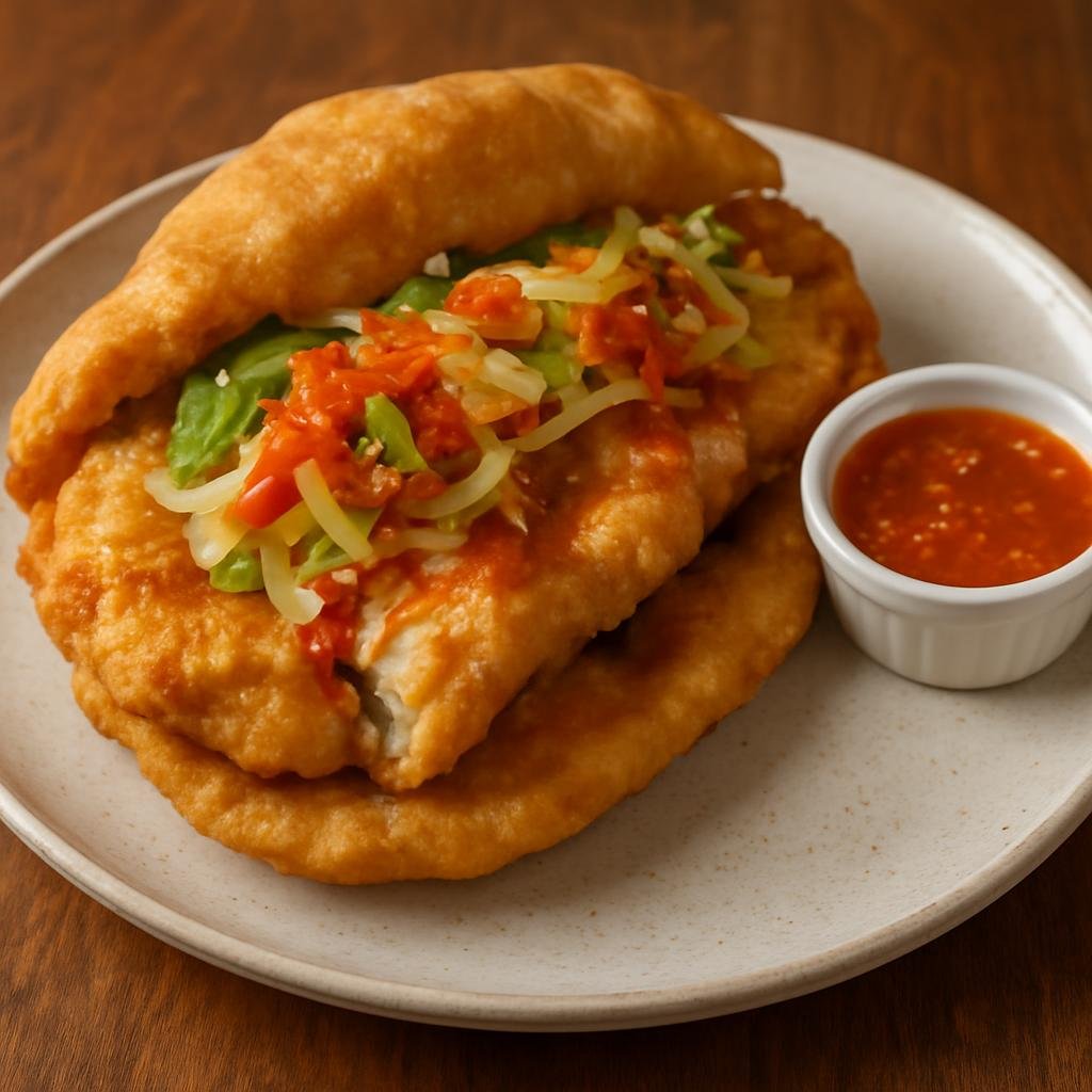 Entree: Trinidad and Tobago – Southern Culinary Region – Bake and Shark (Fried shark fillet served in a fried flatbread with tangy condiments and pepper sauce) recipe