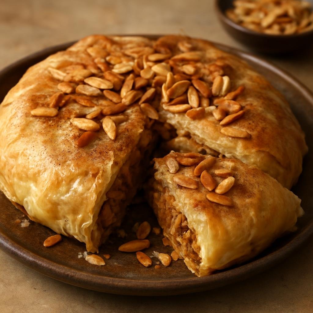 Entree: Western Sahara – Southern Culinary Region – بسطيلة ➤ Bastila (Savory-sweet layered pastry of spiced poultry and toasted almonds with cinnamon and sugar) recipe
