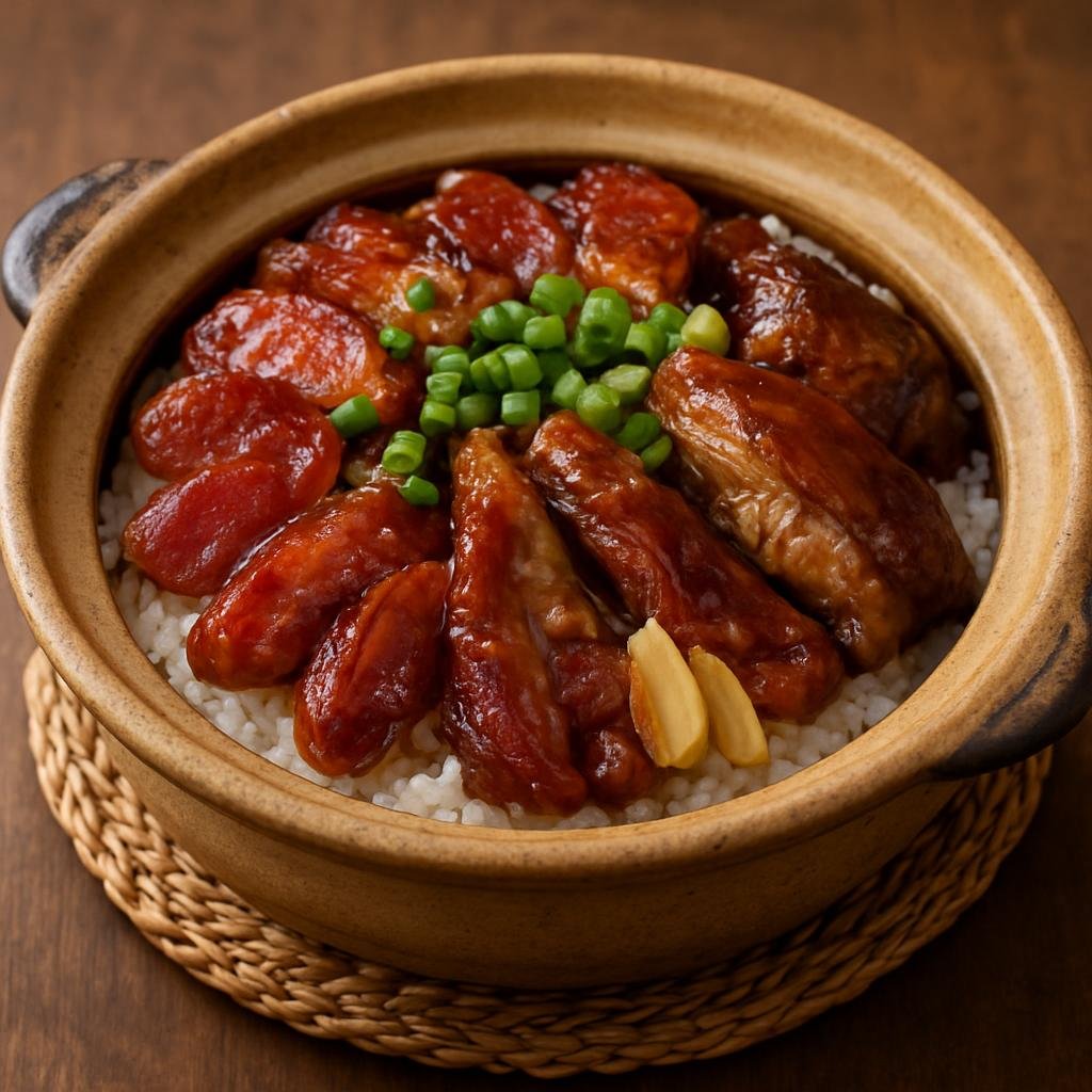 Entree: China – Cantonese / Guangdong – 煲仔飯 ➤ bou zai fan (Cantonese claypot-cooked rice topped with soy-seasoned meats and aromatics) recipe