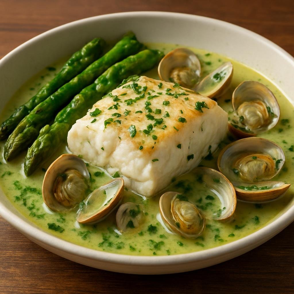 Entree: France – Basque Country – Merlu Koskera (Basque-style hake poached in a white wine and parsley sauce with asparagus and clams) recipe