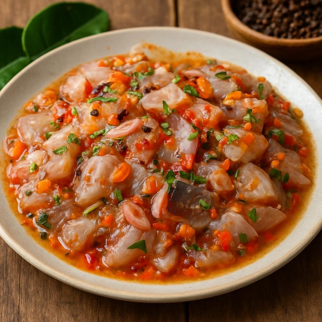 Entree: Indonesia – Batak – Naniura (Batak-style citrus-cured raw freshwater fish flavored with andaliman pepper, shallots, and chili) recipe