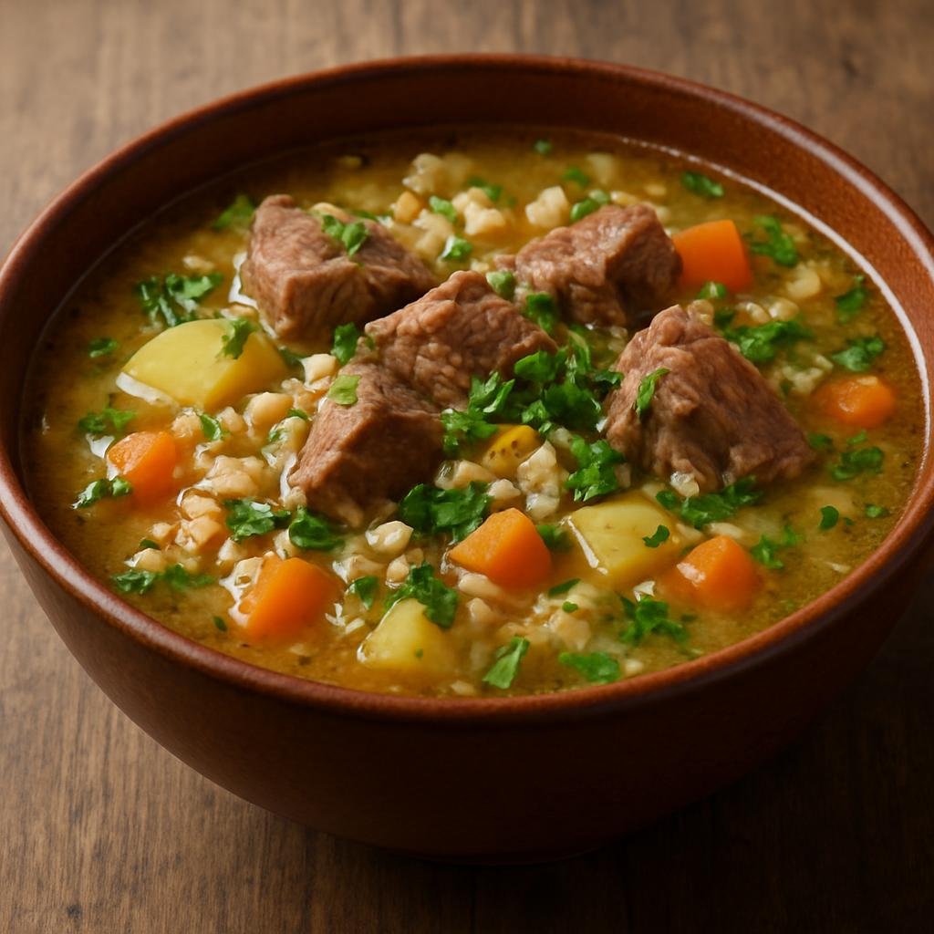 Entree: Russia – Buryat & Lake Baikal – Буряад шулэн ➤ Buryad shulen (Hearty Buryat mutton and barley soup-stew with root vegetables and fresh herbs) recipe