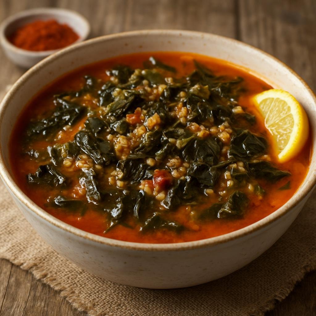 Entree: Turkey – Black Sea Turkey – Kara Lahana Çorbası (Hearty Black cabbage and bulgur soup seasoned with tomato and lemon) recipe