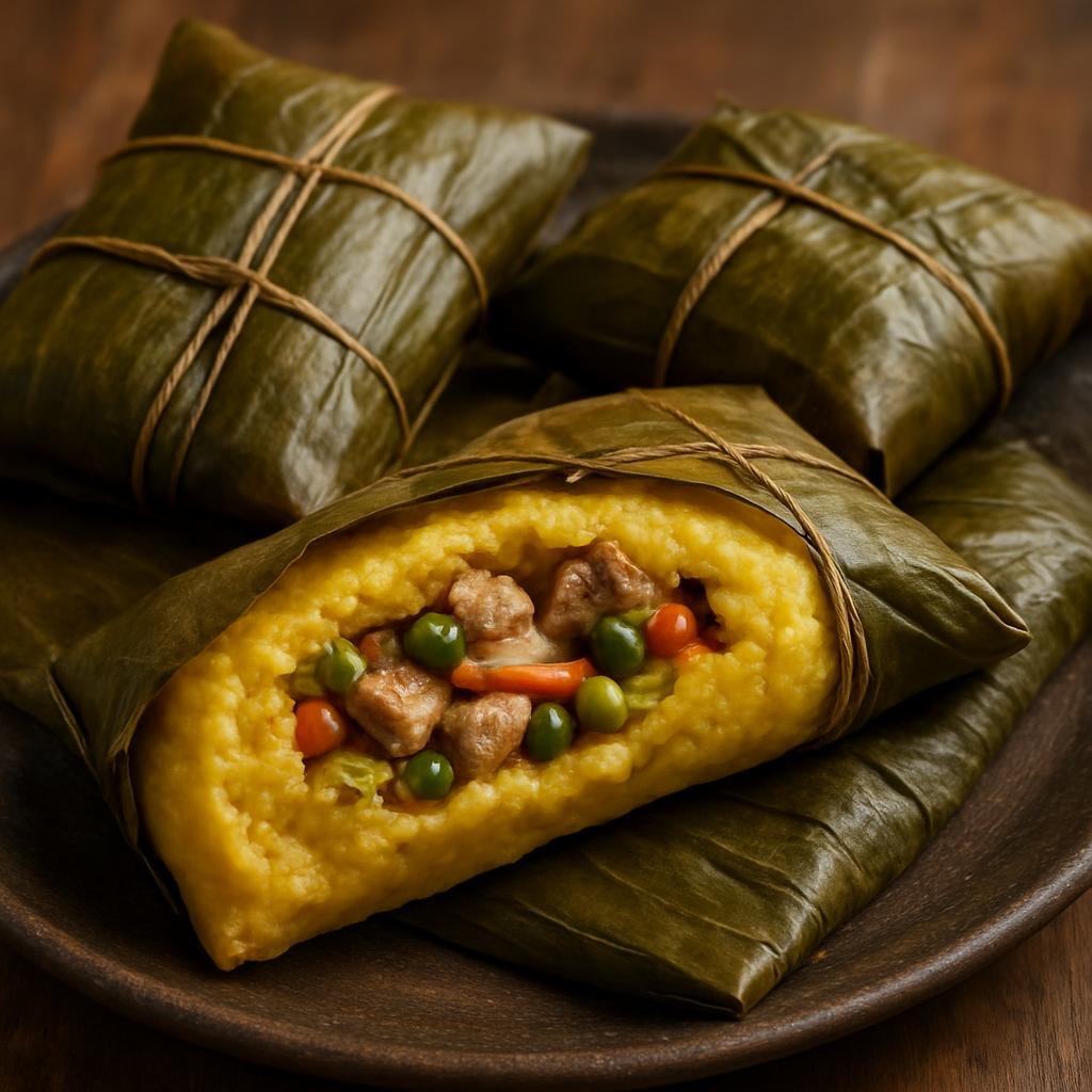 Entree: Colombia – Bogota / Andean – Tamales Tolimenses (Steamed corn masa parcels filled with seasoned pork and chicken, vegetables, and peas wrapped in plantain leaves) recipe