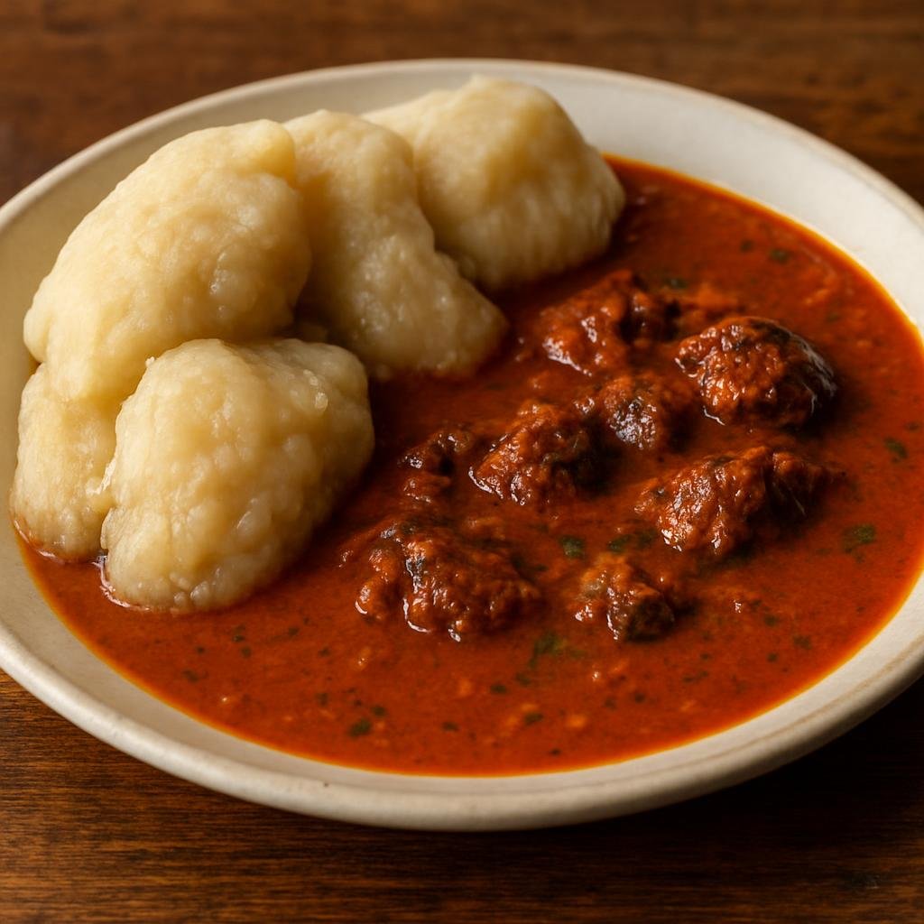 Entree: Ghana – Ewe Volta Cuisine – Dzowoe with Palm Nut Soup (Steamed cassava and unripe plantain dumplings served with a rich spiced palm-nut and tomato soup) recipe